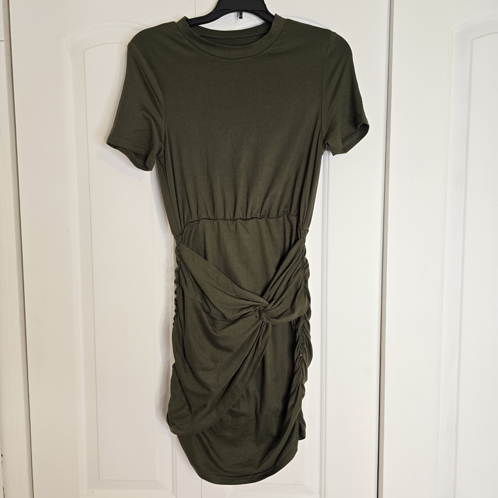 SHEIN Olive Knot-Detail Short Sleeve Midi Dress